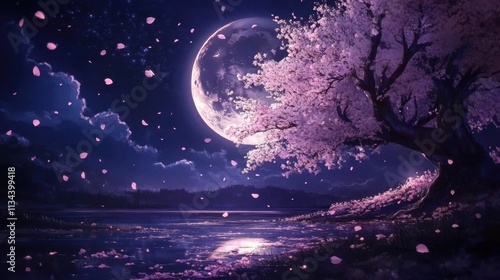 The moon shines brightly over vibrant sakura flowers.