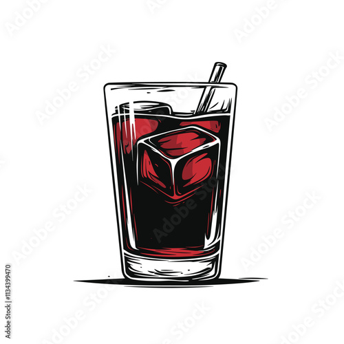Stylized glass of dark red liquid with ice cubes and straw.