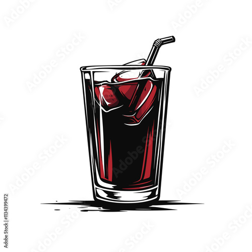 Stylized glass of dark red liquid with ice cubes and straw.