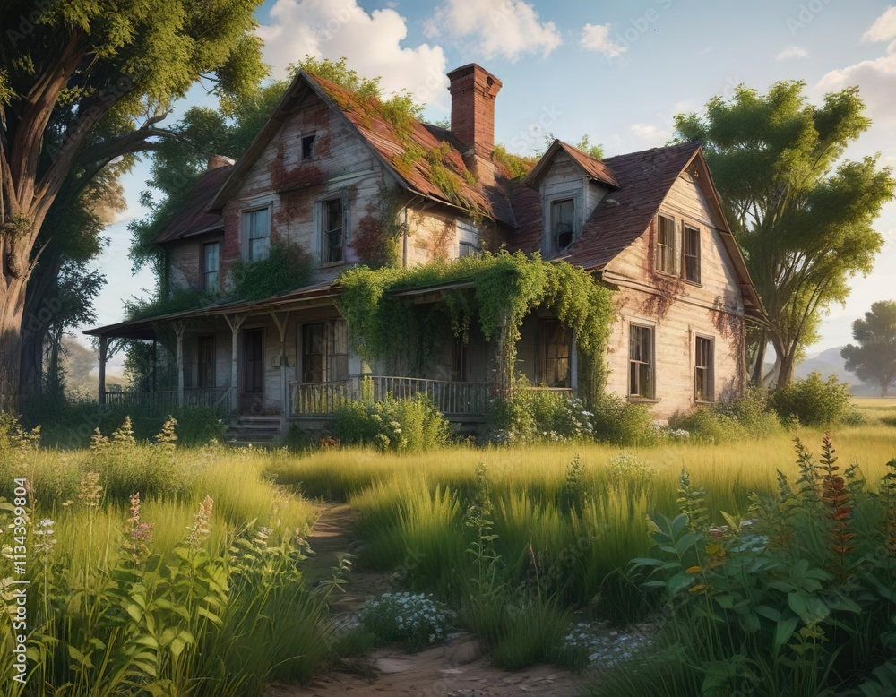 Abandoned farmhouse shrouded by tall weeds and vines, rural, tall weeds Abandoned farmhouse shrouded by tall weeds and vines, rural, tall weeds
