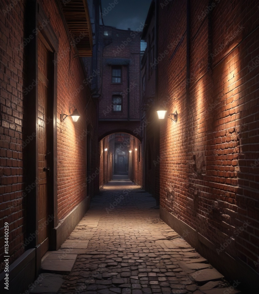 Narrow dimly lit passageway between two old brick buildings, worn, narrow, overgrown Narrow dimly lit passageway between two old brick buildings, worn, narrow, overgrown
