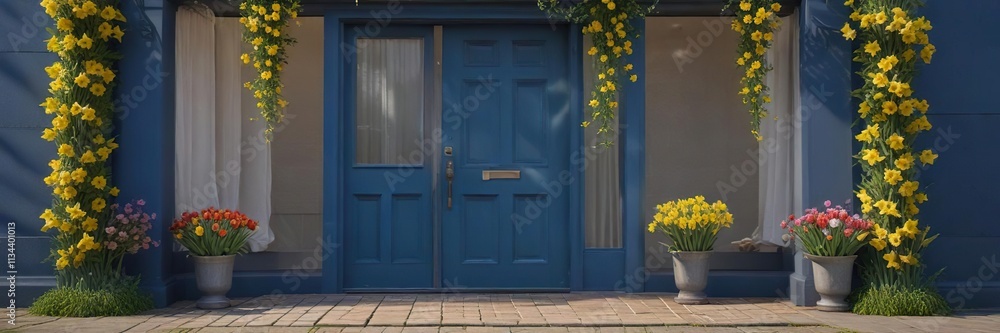 A blue front door with a garland of daffodils and tulips wrapped around the frame, blue front door, yellow flowers A blue front door with a garland of daffodils and tulips wrapped around the frame, blue front door, yellow flowers