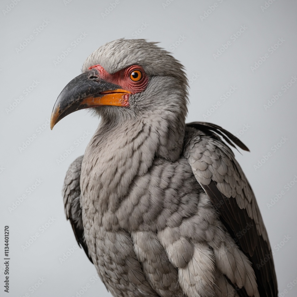 An Indian grey hornbill sitting with its head tilted curiously, isolated on a white background. An Indian grey hornbill sitting with its head tilted curiously, isolated on a white background.