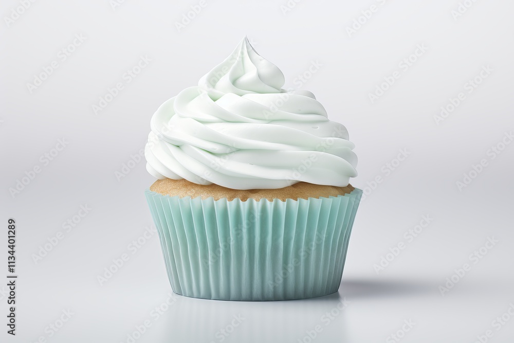 Whipped frosting adorns a charming cupcake with a soft blue wrapper. Generative AI Whipped frosting adorns a charming cupcake with a soft blue wrapper. Generative AI