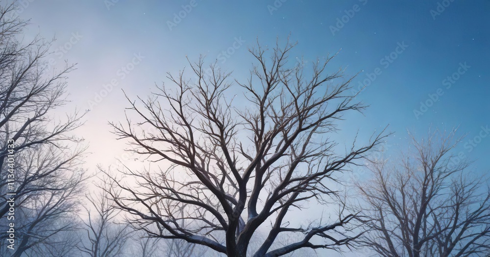 Bare winter tree branches against a bright blue sky with a few snowflakes falling, blue, frosty Bare winter tree branches against a bright blue sky with a few snowflakes falling, blue, frosty