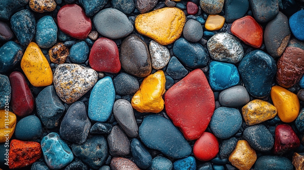 Textured background of colored pebbles on a beach, featuring vibrant natural stones Textured background of colored pebbles on a beach, featuring vibrant natural stones