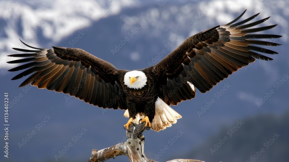 Magnificent bald eagle spreads its wings in a breathtaking mountain landscape at dawn Magnificent bald eagle spreads its wings in a breathtaking mountain landscape at dawn