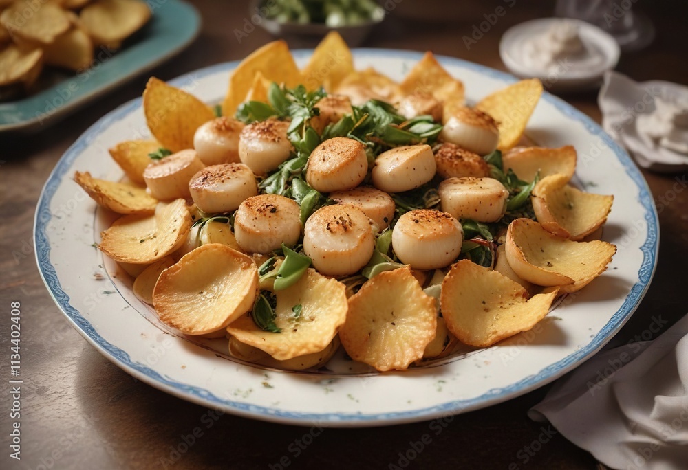 A steaming hot basket of succulent scallops and crunchy potato chips served on a fine china plate , scallop, seafood A steaming hot basket of succulent scallops and crunchy potato chips served on a fine china plate , scallop, seafood
