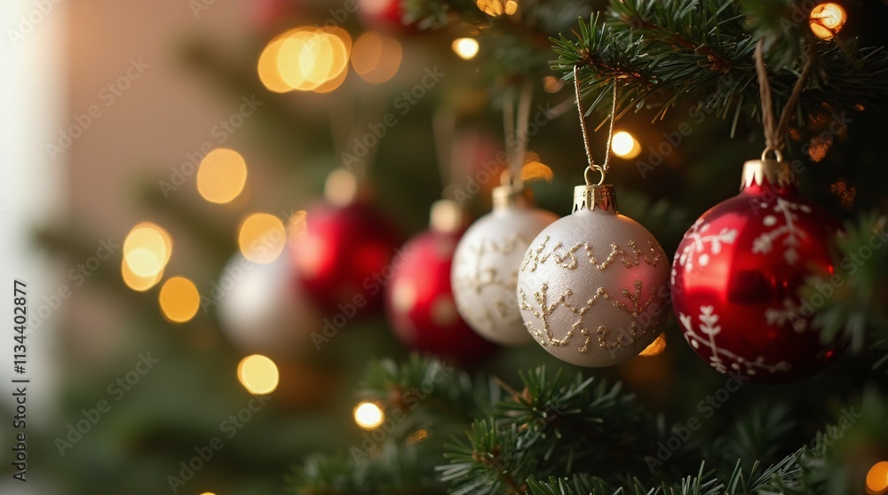 Golden Ornament on Christmas Tree with Soft Lights, Cozy Holiday Ambience. Golden Ornament on Christmas Tree with Soft Lights, Cozy Holiday Ambience.