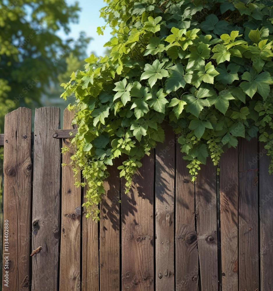 Dense foliage of wild grape leaves covering a wooden fence post, greenery, fence Dense foliage of wild grape leaves covering a wooden fence post, greenery, fence