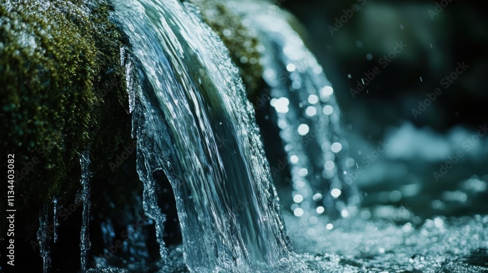 Close-up view of a small waterfall with moss-covered rocks and flowing water. Nature and environment concept Close-up view of a small waterfall with moss-covered rocks and flowing water. Nature and environment concept