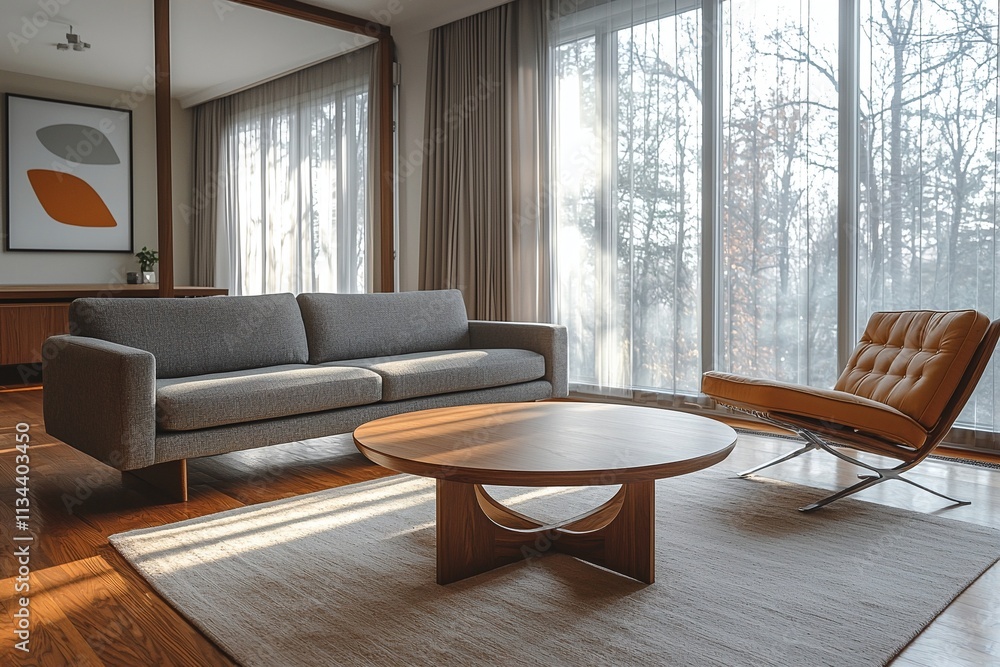 A modern Scandinavian-style interior in the living room with minimalist, gray sofas and hardwood cafe tables. Generative AI
A modern Scandinavian-style interior in the living room with minimalist, gray sofas and hardwood cafe tables. Generative AI