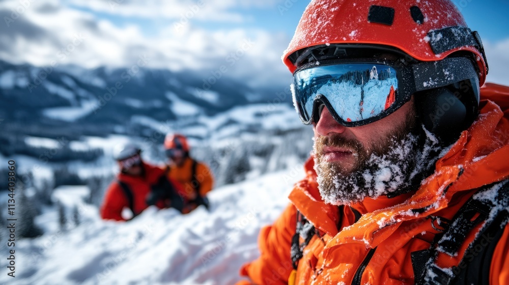 An extreme close-up of a mountaineer with goggles and an orange helmet, immersed in a snowy landscape, symbolizing courage and adventure against a backdrop of stunning mountains. An extreme close-up of a mountaineer with goggles and an orange helmet, immersed in a snowy landscape, symbolizing courage and adventure against a backdrop of stunning mountains.