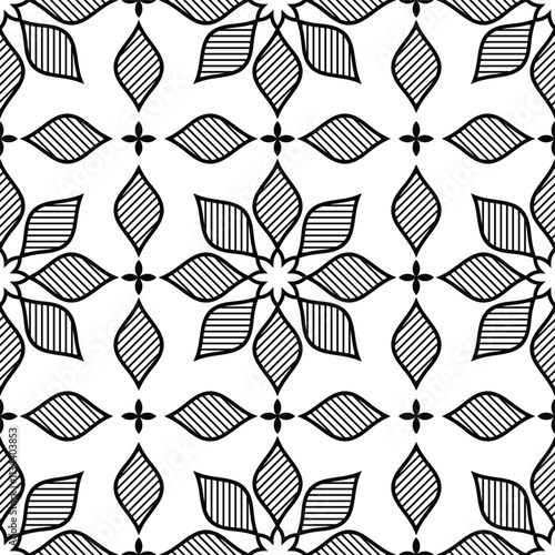 Abstract geometric floral seamless pattern. Black and white ornament. Modern stylish texture repeating. Vector background.