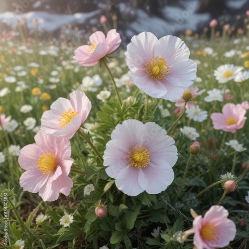 A stunning bouquet of snowy white and pale pink winter wildflowers featuring arctic poppy, winter honeysuckle, and daphnes, winter honeysuckle, arctic poppy photo