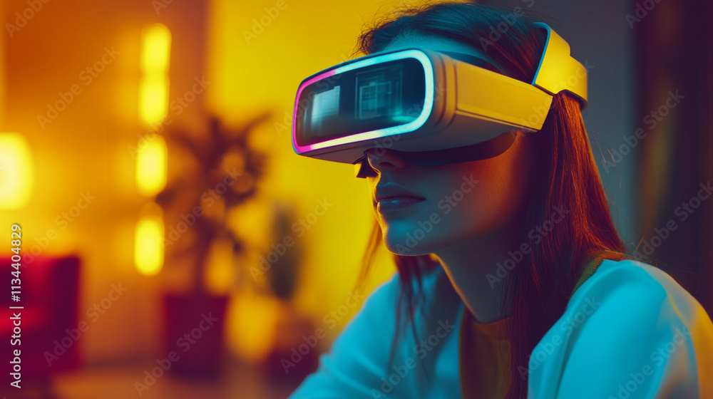 Engaging virtual reality experience young woman immersed in digital art and gaming at home Engaging virtual reality experience young woman immersed in digital art and gaming at home