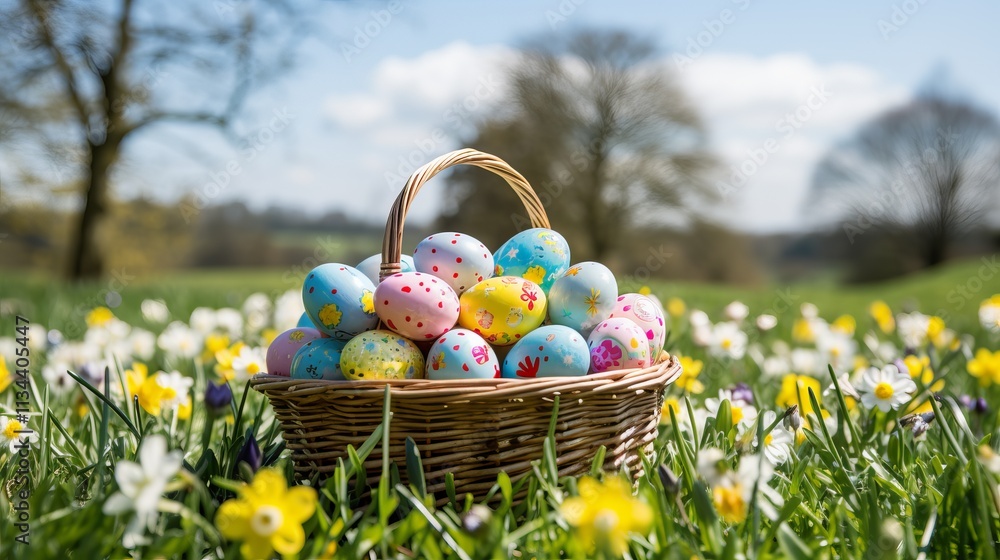 Spring celebration of color with a basket of decorated eggs in a blooming meadow. Generative AI Spring celebration of color with a basket of decorated eggs in a blooming meadow. Generative AI