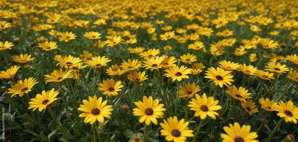 Field of bright yellow daisies with delicate petals and dark centers , nature, daisy field Field of bright yellow daisies with delicate petals and dark centers , nature, daisy field