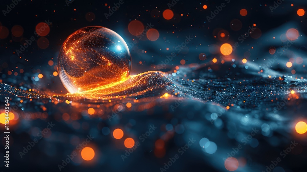 A glowing orb rests on a textured surface, surrounded by shimmering particles and light. A glowing orb rests on a textured surface, surrounded by shimmering particles and light.