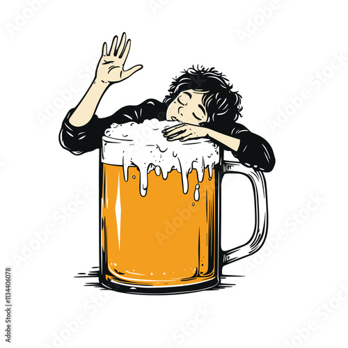 Cartoon person resting head on a large beer mug foam.