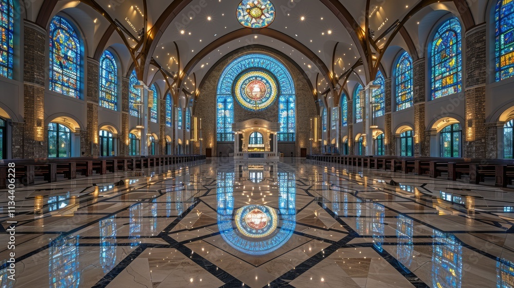 Obraz premium A grand interior of a church featuring stained glass windows and polished marble floors.