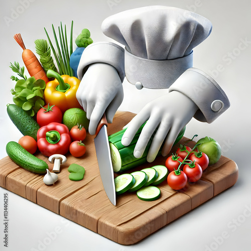 3D Close up of chefs hands chopping fresh vegetables concept as Detailed shot of a chefs hands skillfully chopping colorful fresh vegetables on a cutting board highlighting food preparation and nutrit photo