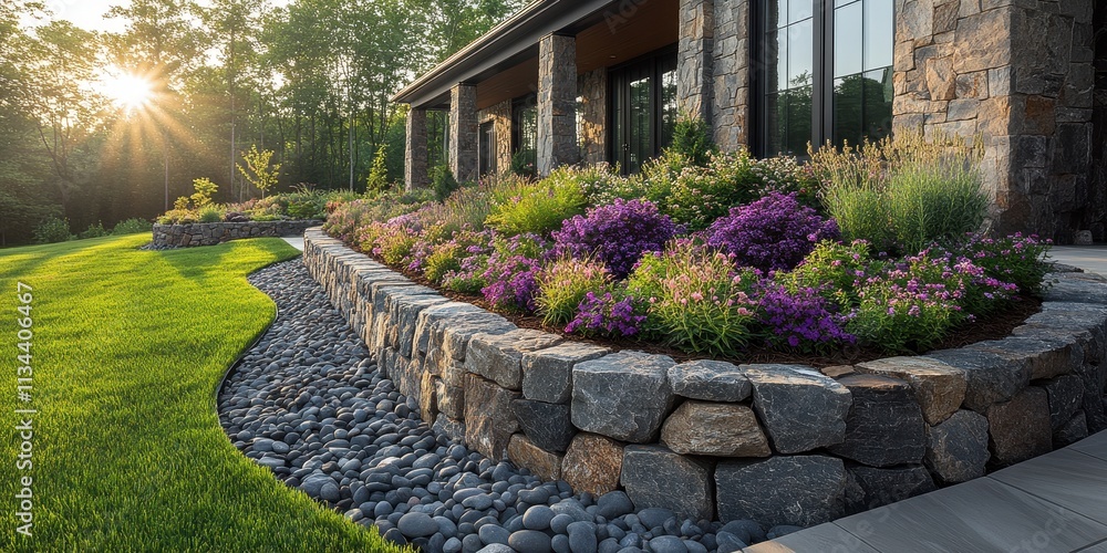 Obraz premium Gabion Stone Fence, Retaining Wall Gabion Baskets, Stones in Wire Mesh, Modern Garden Gravel Border