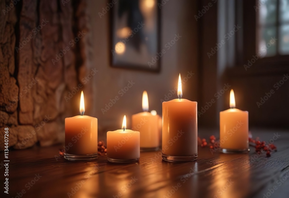 Softly glowing candlelight on a quiet evening, warm lighting, calm surroundings Softly glowing candlelight on a quiet evening, warm lighting, calm surroundings
