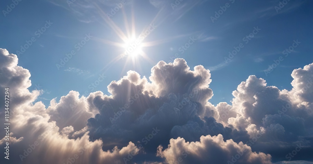 The sun's rays cast a warm glow across a brilliant blue sky dotted with wispy white clouds, cloudy sky, natural scenery The sun's rays cast a warm glow across a brilliant blue sky dotted with wispy white clouds, cloudy sky, natural scenery