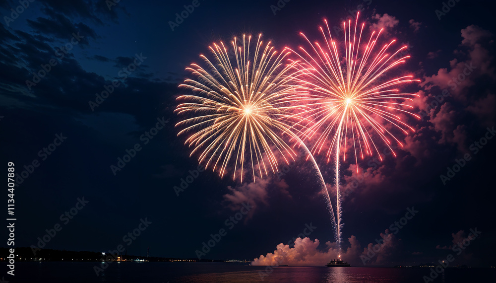 Celebration with Vibrant Fireworks in Night View Celebration with Vibrant Fireworks in Night View