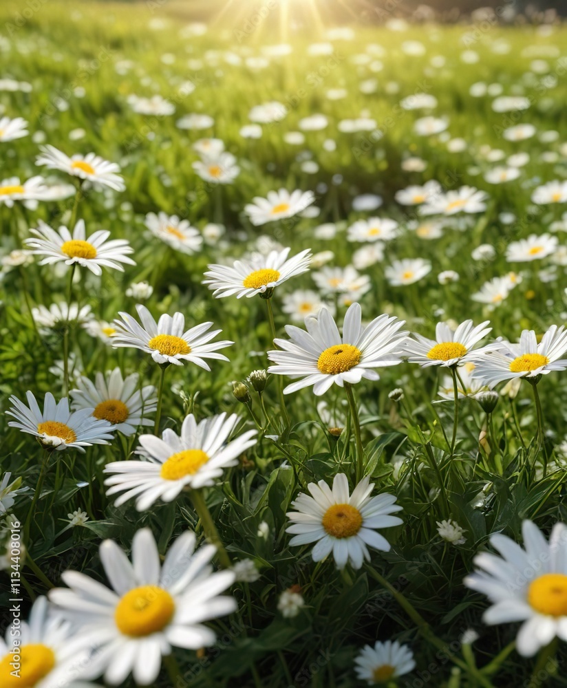 A field of daisies stretching across a green meadow with sunlight filtering through the delicate petals , daisies_in_bloom, nature_scenes A field of daisies stretching across a green meadow with sunlight filtering through the delicate petals , daisies_in_bloom, nature_scenes