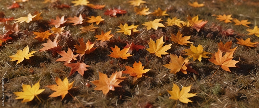 Amber hues of autumn maple leaves scattered on the earthy brown grass, outdoor scene, fallen leaves Amber hues of autumn maple leaves scattered on the earthy brown grass, outdoor scene, fallen leaves