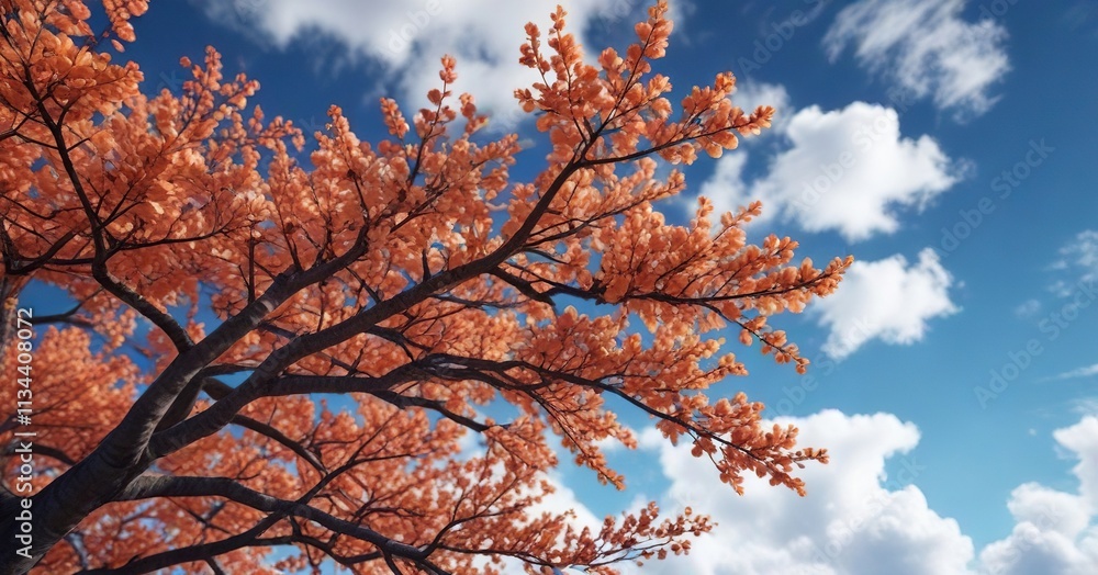 Autumn leaves of a plum tree under blue sky with fluffy clouds , green, plum tree, trees Autumn leaves of a plum tree under blue sky with fluffy clouds , green, plum tree, trees