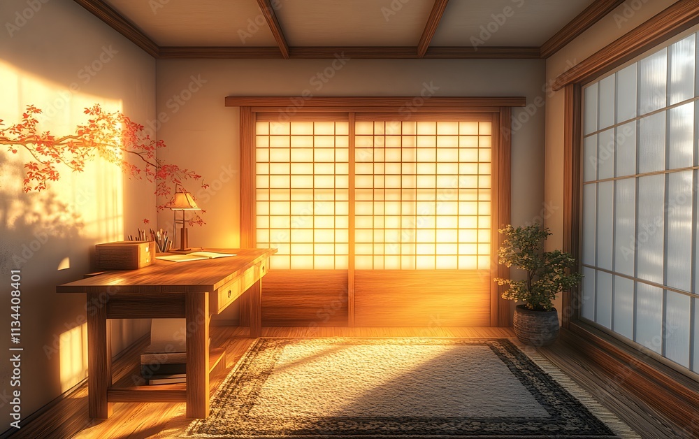 A serene, sunlit room with a wooden desk, lamp, and sliding doors, creating a peaceful atmosphere. A serene, sunlit room with a wooden desk, lamp, and sliding doors, creating a peaceful atmosphere.