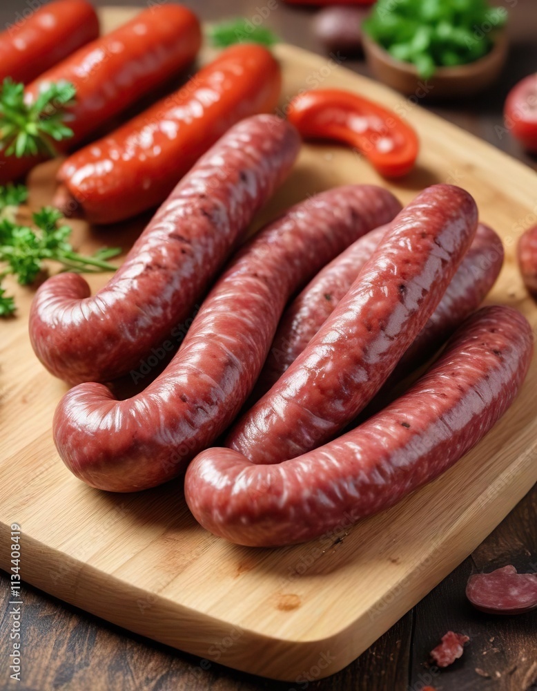 Raw boerewors sausage on a wooden chopping board, butcher shop, culinary, artisanal sausage Raw boerewors sausage on a wooden chopping board, butcher shop, culinary, artisanal sausage
