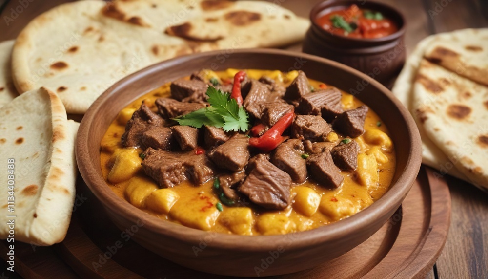 Rich and flavorful beef curry in a wooden bowl served with naan bread, rich and flavorful, wooden container Rich and flavorful beef curry in a wooden bowl served with naan bread, rich and flavorful, wooden container