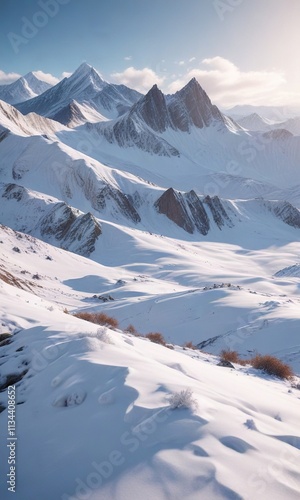 sweeping ridges of white snow stretching across the mountainous terrain, alpine meadows, snow-covered slopes, snowy peaks