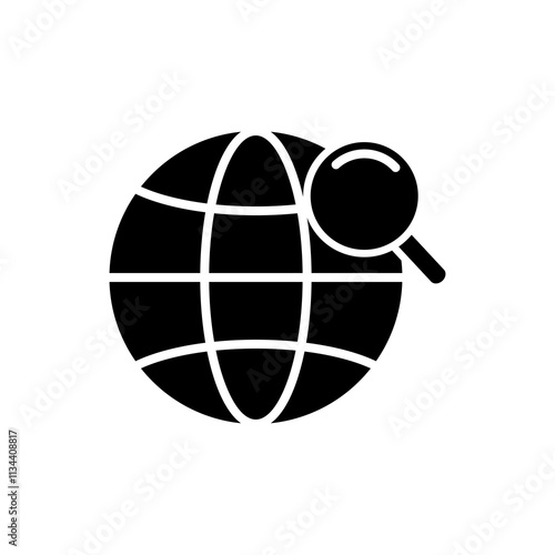 icon Global search, concept with magnifying glass and  globe for websites, blogs, presentations, educational materials, and environmental campaigns.Isolated white background editable,eps 10