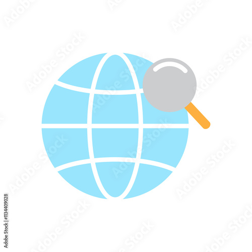 icon Global search, concept with magnifying glass and  globe for websites, blogs, presentations, educational materials, and environmental campaigns.Isolated white background editable,eps 10