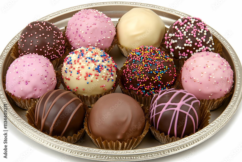 Assorted chocolate cake pops on a silver tray. Assorted chocolate cake pops on a silver tray.