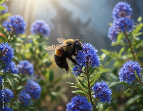 Black tailed bumblebee landing on a single blue ceanothus flower and taking off immediately, pollination-process, wildlife-photography photo