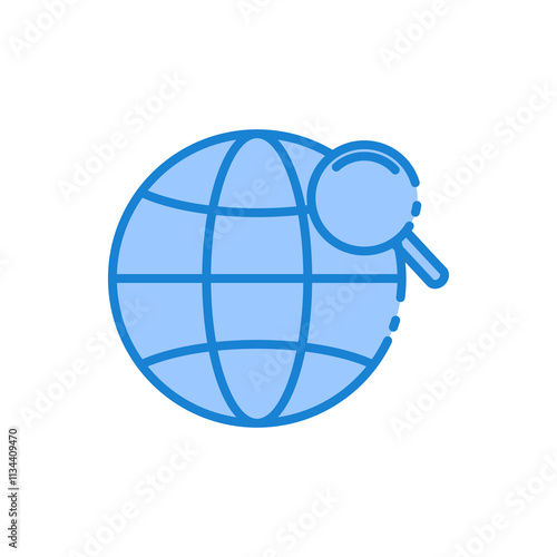 icon Global search, concept with magnifying glass and  globe for websites, blogs, presentations, educational materials, and environmental campaigns.Isolated white background editable,eps 10
