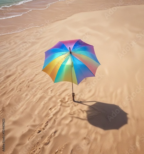 Iridescent umbrella-like shape hovering above sandy seafloor, sandy beach scene, ocean floor topography, marine environment