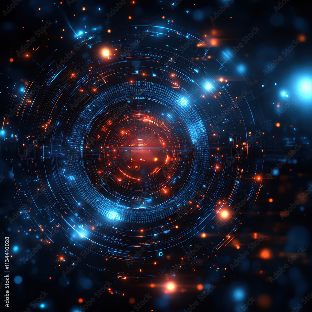 Obraz premium Futuristic digital interface with holographic neon orange and blue elements, sci-fi cyberpunk design