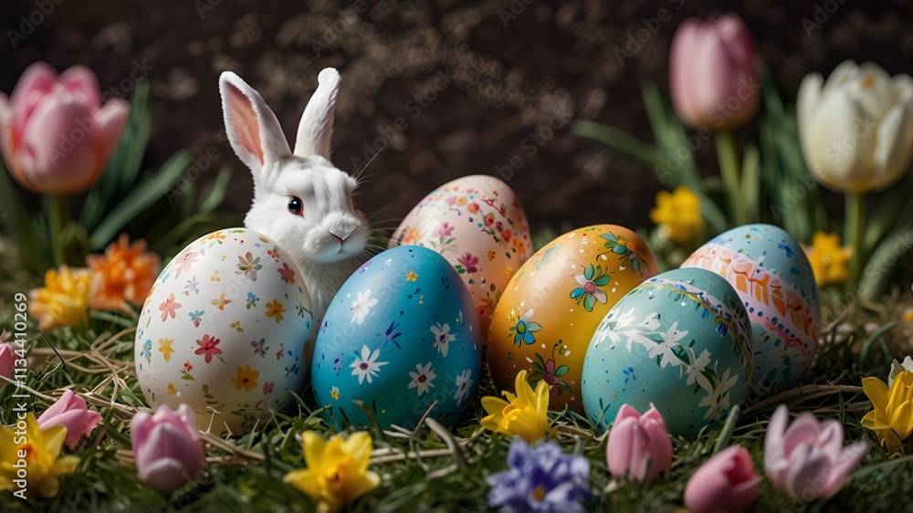 Cute bunny sitting with colourful Easter eggs and spring flowers Cute bunny sitting with colourful Easter eggs and spring flowers