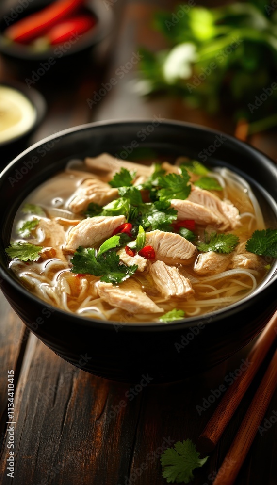 A bowl of chicken noodle soup garnished with herbs and chili, showcasing a warm, inviting meal. A bowl of chicken noodle soup garnished with herbs and chili, showcasing a warm, inviting meal.