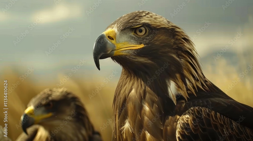Obraz premium Majestic golden eagles perched in a serene landscape during the golden hour of sunset observation