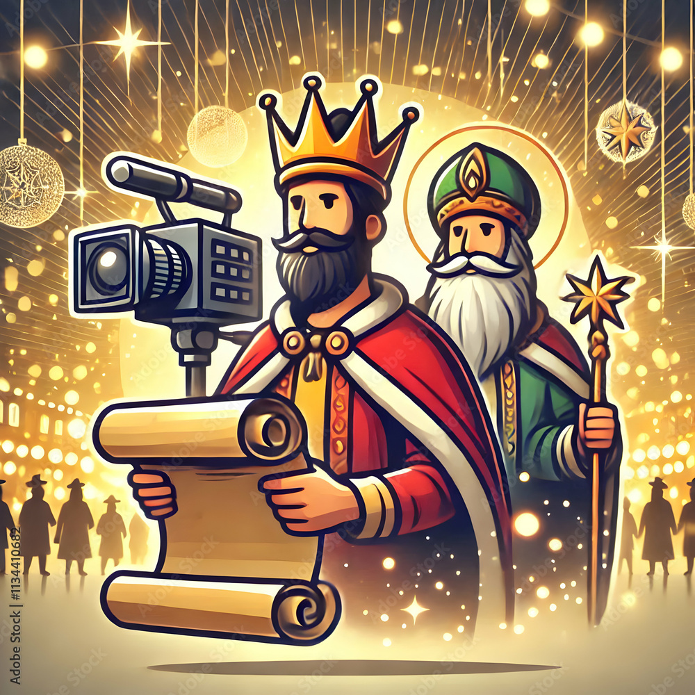 Cinematic Tilt Over Flat Bokeh Background with Reyes Magos and Enchanted Scrolls, Symbolizing Knowledge and Magic for Advertisements Cinematic Tilt Over Flat Bokeh Background with Reyes Magos and Enchanted Scrolls, Symbolizing Knowledge and Magic for Advertisements