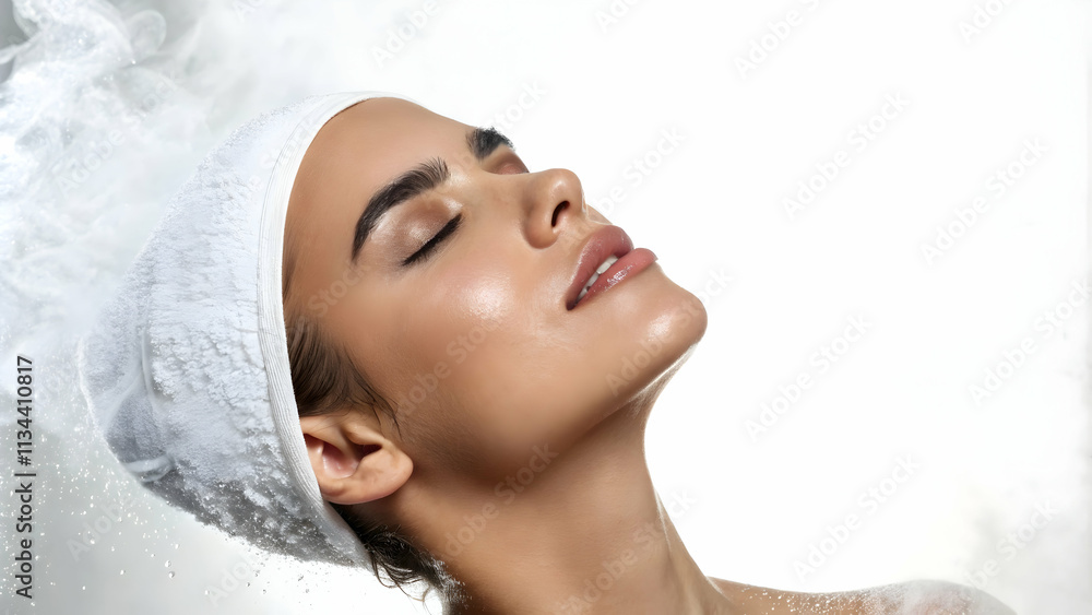 Naklejka premium Close Up of Person Enjoying Facial Steam on Glossy Background with Copy Space for Skincare and Relaxation Concept