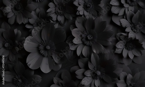 A composition of multiple black paper flowers in different sizes and shapes on a black background , dark background, flower arrangement, minimalist decor